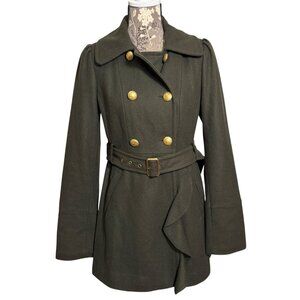 GUESS Olive Wool Blend Double Breasted Military Coat Gold Buttons Belted Women M